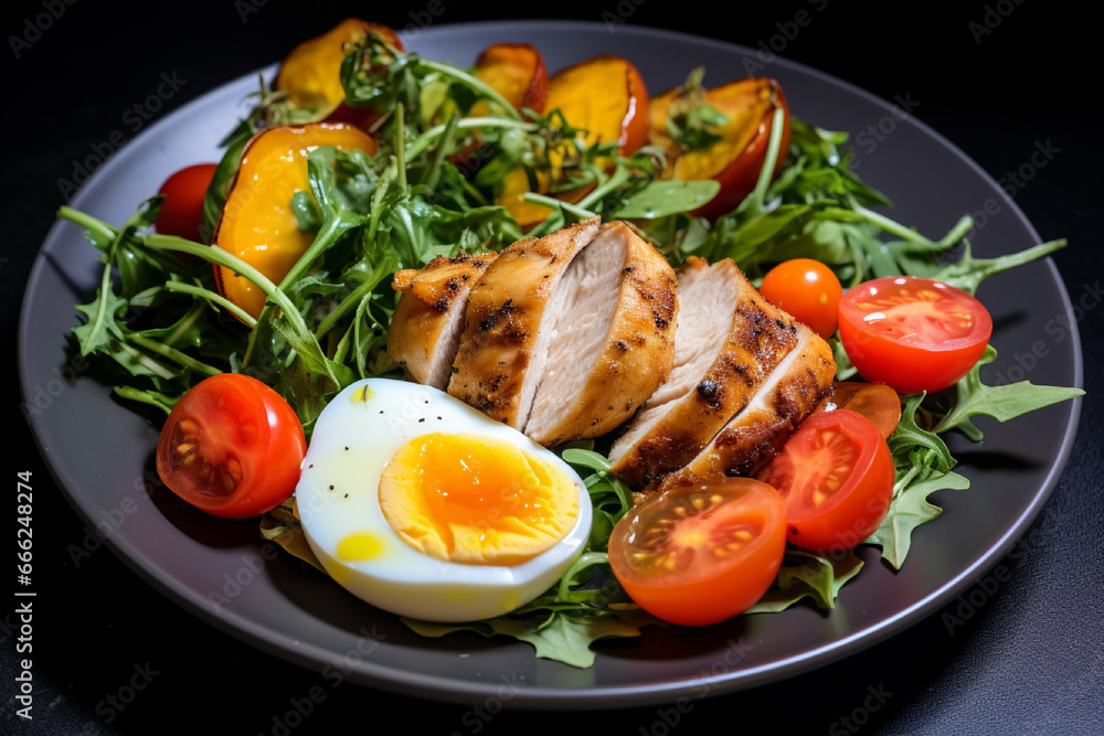 Salad with grilled chicken, egg and cherry tomatoes on black plate Salad with grilled chicken, egg and cherry tomatoes on black plate