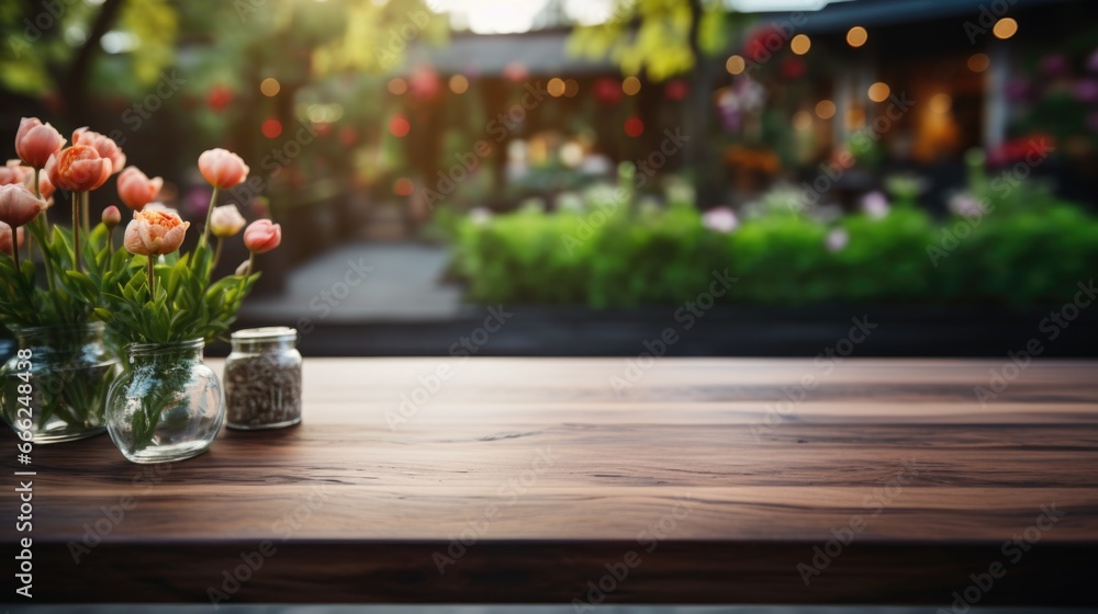 Uncluttered Kitchen Surface: An empty dark wood countertop, softly focused, overlooking a snowy garden brimming with life.