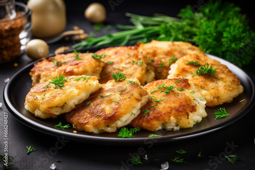  Potato cutlets with dill on a black plate on a wooden table
