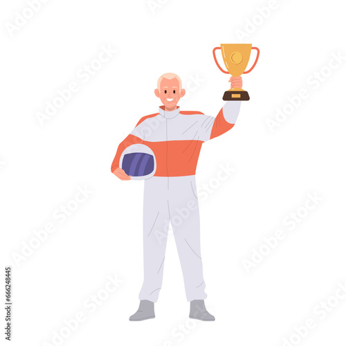 Speed race driver cartoon character in uniform holding helmet and trophy goblet cup reward
