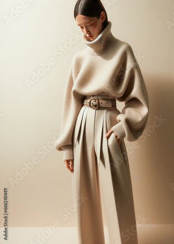 Elegance young woman in soft beige clothing style of New-Age Minimalism or Quiet Luxury style