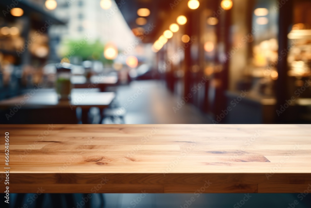 A contemporary wooden counter with a soft transition to a distant coffee shop scene, seamlessly melding with the blurred background.