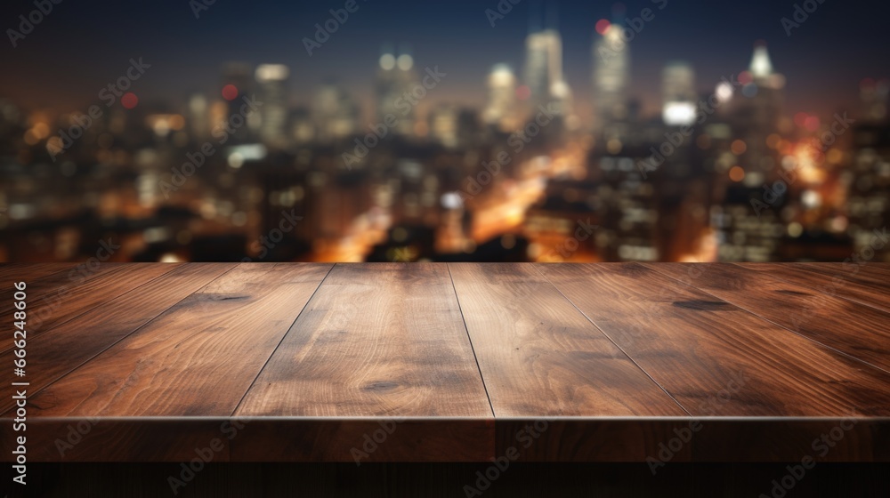 A dark wood countertop smoothly giving way to a blurred cityscape of skyscrapers and the luminous urban landscape.