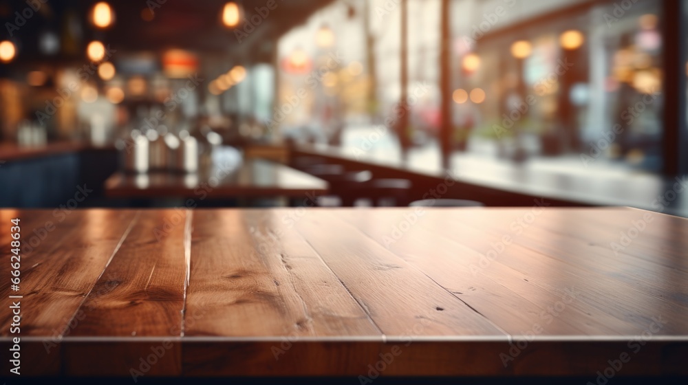A modern wooden counter, gracefully disappearing into the soft blur of a coffee shop scene in the background.