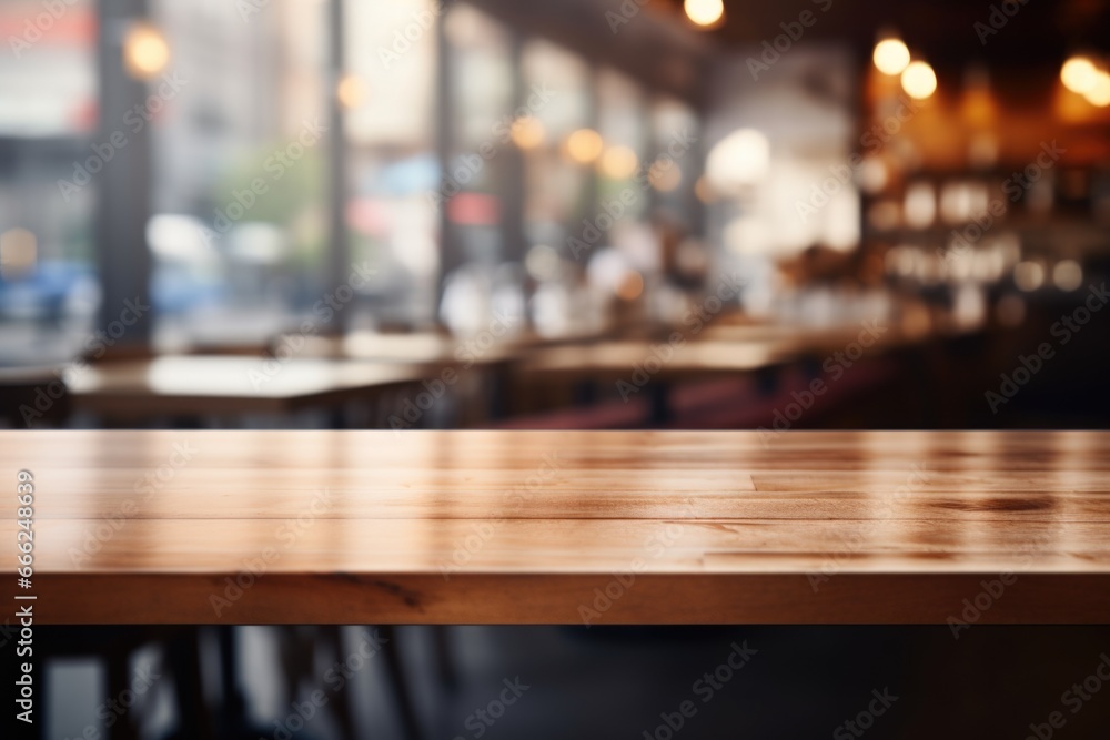 A modern wooden counter, gracefully disappearing into the soft blur of a coffee shop scene in the background.