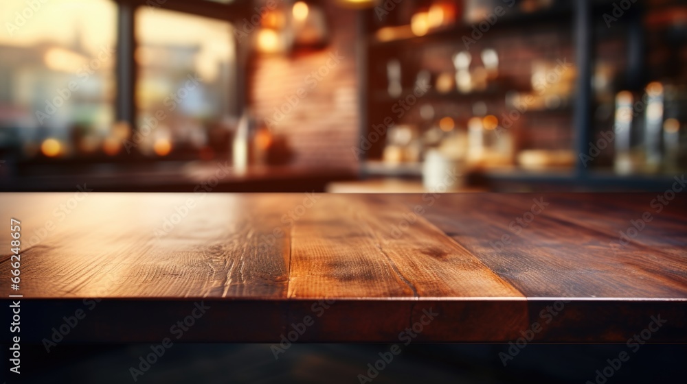 Rustic Kitchen Contrast: An industrial wooden table with a subtle blur of a busy kitchen scene, offering a unique juxtaposition.
