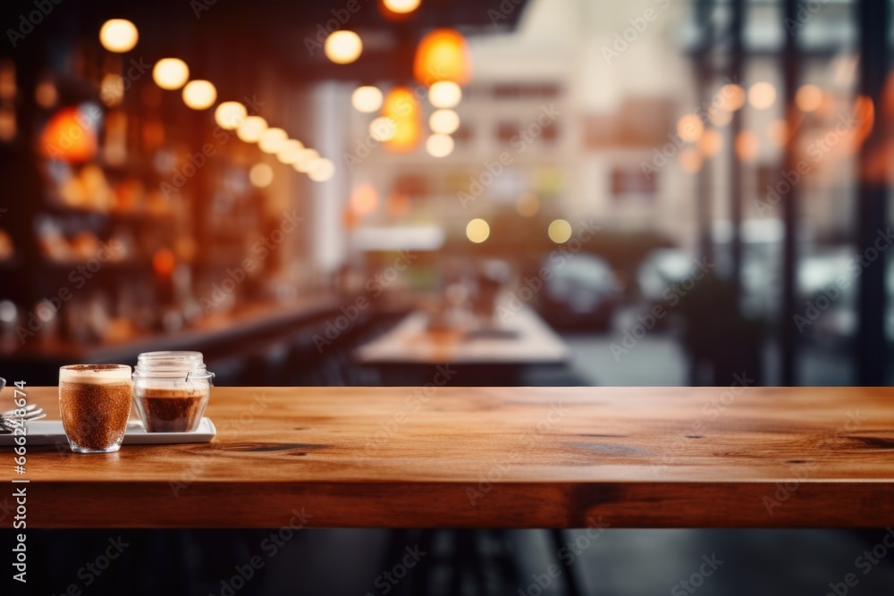 Blurred Coffee House: A sleek wooden counter gently fading into the ambiance of a distant coffee shop, creating a serene backdrop.