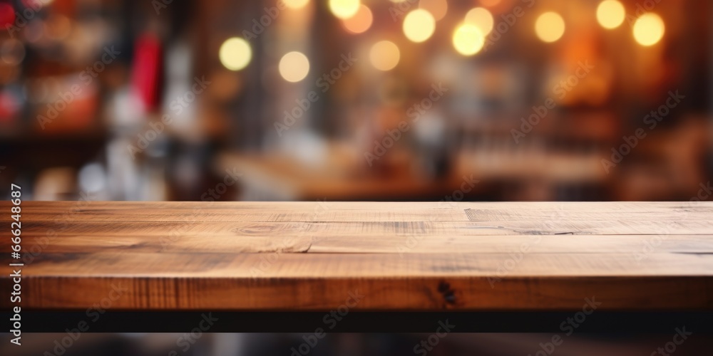 Urban Meets Nature: An industrial wooden table, subtly connected with the blurred motions of a lively kitchen scene. Urban Meets Nature: An industrial wooden table, subtly connected with the blurred motions of a lively kitchen scene.