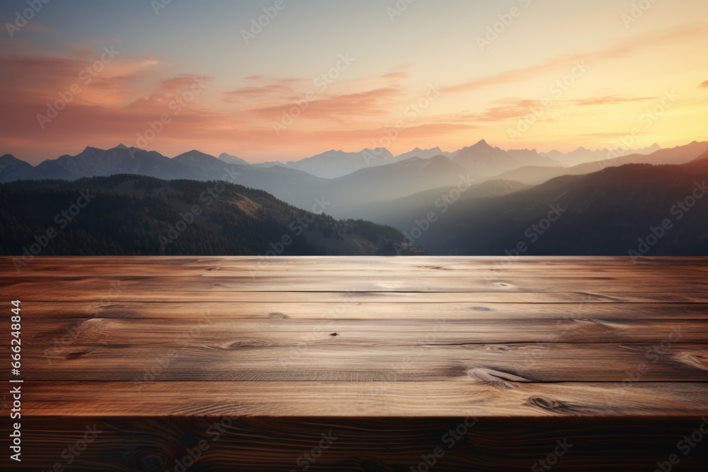 A classic wood surface in perfect harmony with a softly out-of-focus mountain range, offering a peaceful backdrop A classic wood surface in perfect harmony with a softly out-of-focus mountain range, offering a peaceful backdrop