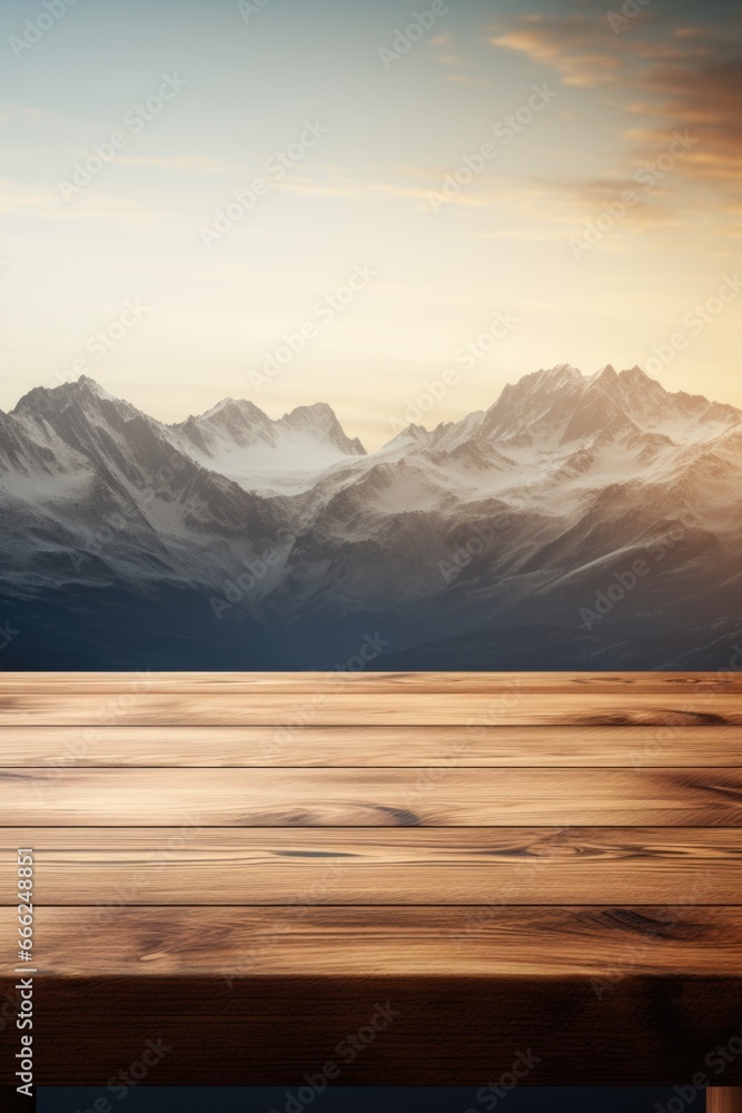 A classic wood surface smoothly dissolving into the softly out-of-focus mountain range, presenting a serene visual experience.