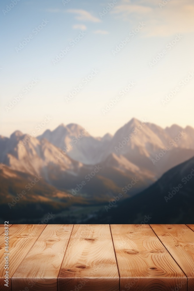 A classic wood surface smoothly melding with a softly out-of-focus mountain range, crafting an elegant and peaceful environment.