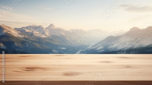 A classic wood surface in perfect harmony with a softly out-of-focus mountain range, offering a peaceful backdrop