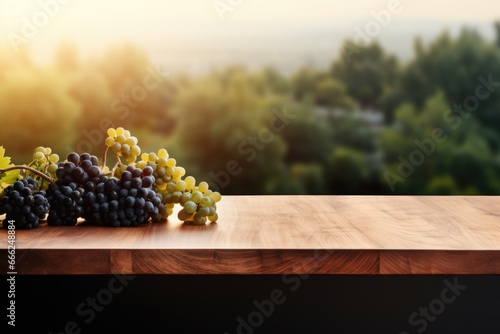 A refined dark wood countertop in the foreground, gently merging with a hazy vineyard scene in the background, creating a seamless transition.