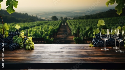 A refined dark wood countertop in the foreground, gently merging with a hazy vineyard scene in the background, creating a seamless transition. © TETIANA