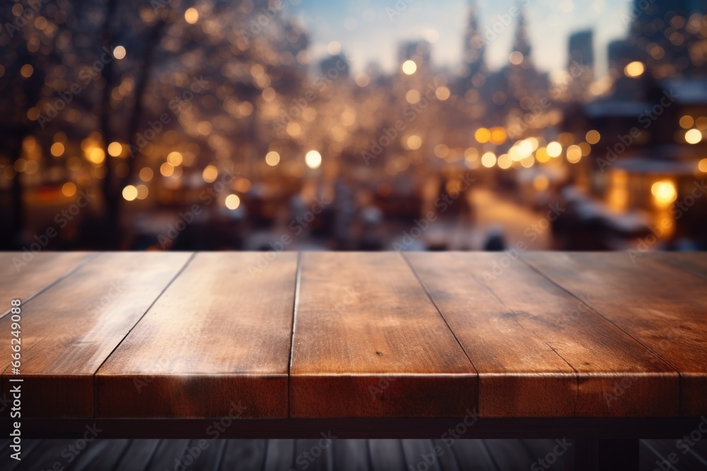 A wooden counter exuding warmth, harmoniously transitioning into the blurred winter wonderland, providing a serene visual experience. A wooden counter exuding warmth, harmoniously transitioning into the blurred winter wonderland, providing a serene visual experience.