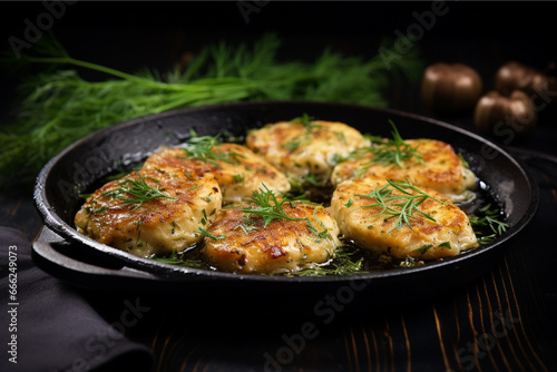 Potato cutlets with dill on a black plate on a wooden table