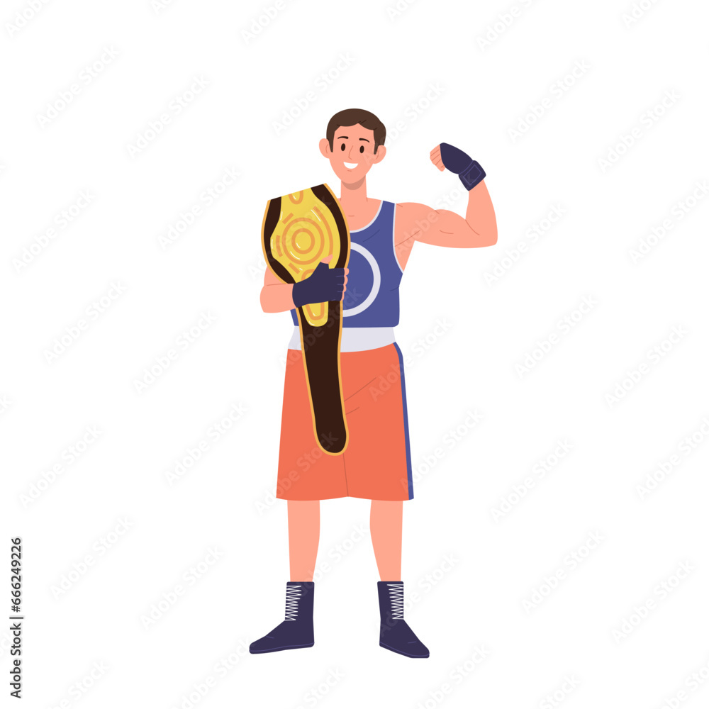 Sportsman boxer cartoon champion character holding golden belt reward for first place results