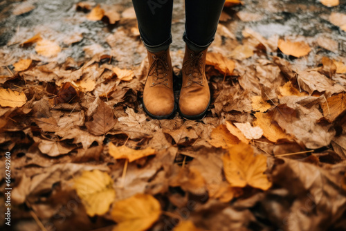 Legs in boots on the autumn leaves. Feet shoes walking in nature. AI generated
