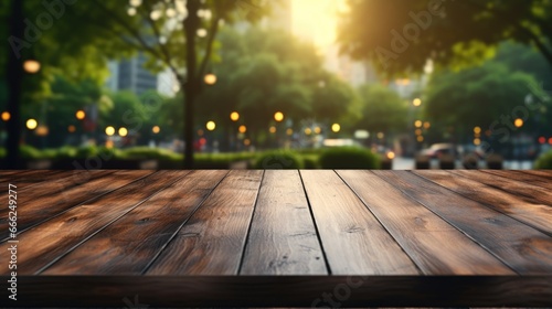 A rustic dark wood countertop seamlessly merging with the bustling city park  creating a smooth transition into the softly blurred surroundings.