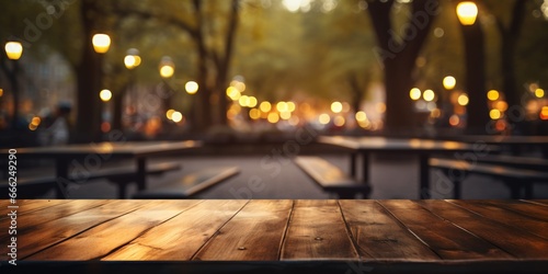 A dark wood countertop with rustic allure  gracefully merging with the blurred  bustling city park  offering a serene blend with the softly blurred backdrop.