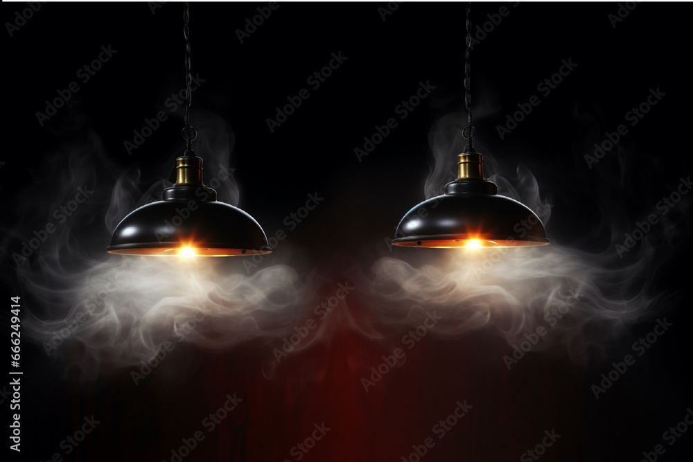 Two black hanging lamps with smoke on dark background. 3D rendering Two black hanging lamps with smoke on dark background. 3D rendering
