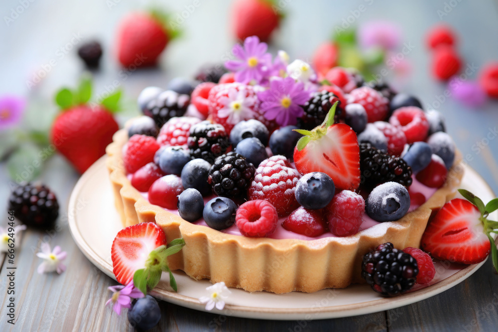 Appetizing fruit tart consisting of blueberries and raspberries with blossoms. Generative AI Appetizing fruit tart consisting of blueberries and raspberries with blossoms. Generative AI