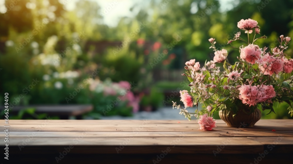 A quaint wooden table seamlessly blending with the gentle blur of a charming cottage garden, creating a smooth transition into the softly blurred surroundings