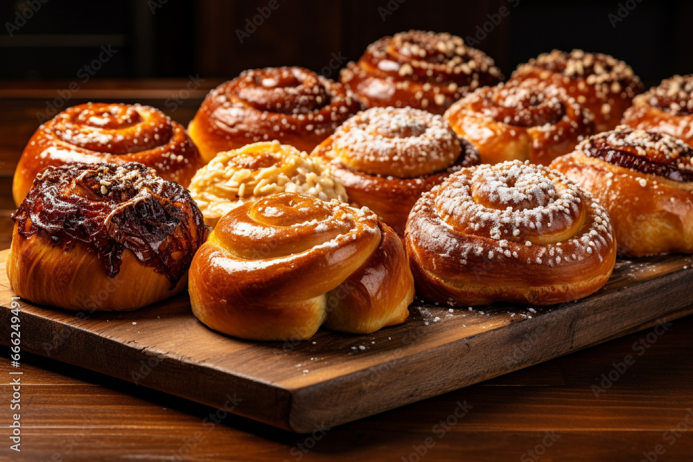Composition with assorted pastries on wooden table. Food background.