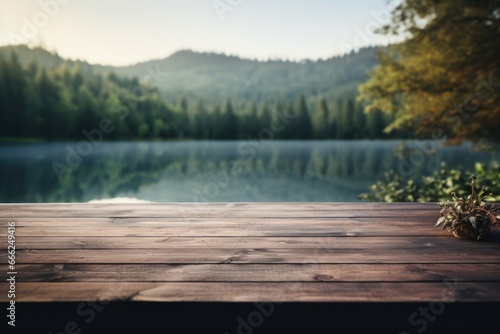 A dark wood tabletop harmoniously blending with the serene lakeside scene, resulting in a serene and inviting environment.
