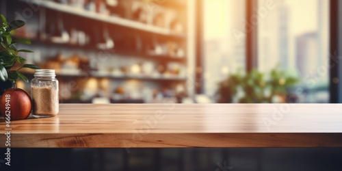 A wooden counter with a minimalist design, gracefully merging with the softly blurred high-tech office space, offering a serene blend with the softly blurred backdrop.