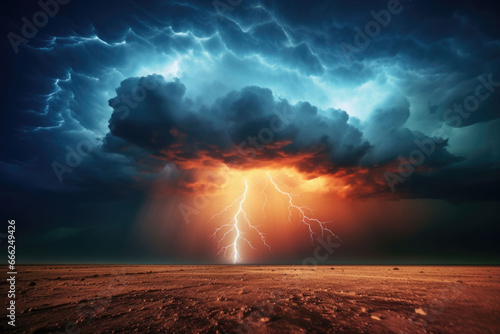 Lightning thunderstorm flash over the night sky. Concept on topic weather, cataclysms. AI generated
