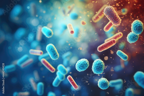 Probiotics. Science biological background. Microscopic bacterias. Generative AI