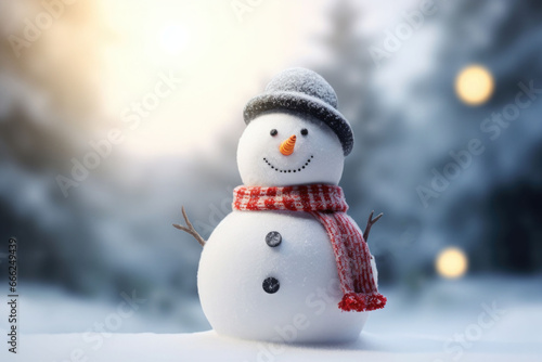 Happy snowman standing in winter christmas landscape. Snowy blurred background. Generative AI