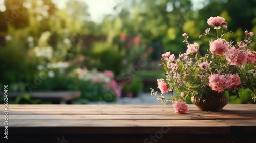 A quaint wooden table seamlessly blending with the gentle blur of a charming cottage garden, creating a smooth transition into the softly blurred surroundings © TETIANA