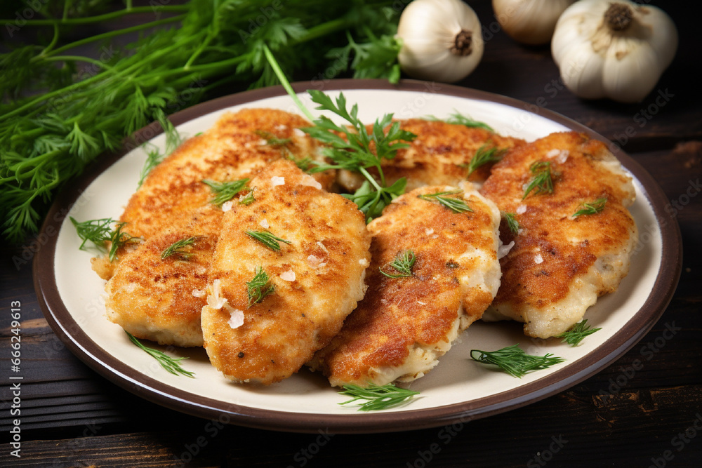Potato cutlets with dill on a black plate on a wooden table Potato cutlets with dill on a black plate on a wooden table
