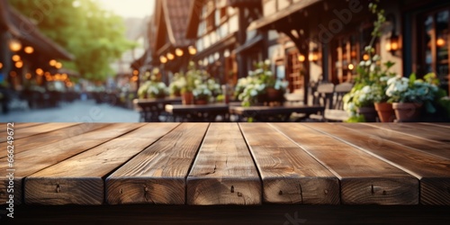 A weathered dark wood tabletop seamlessly blending with the softly focused fishing pier, creating a smooth transition into the softly blurred surroundings.