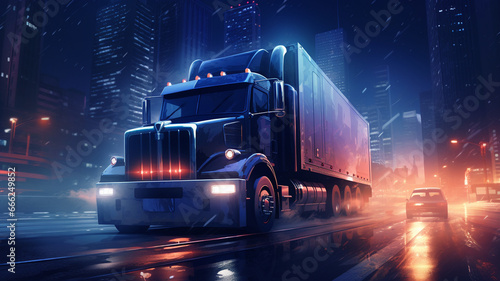 big truck in the night city on the highway