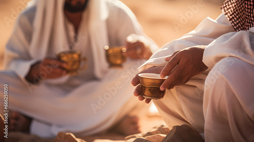 Muslim men in white traditional clothes who drink coffee or tee and enjoys calm morning in midst of endless sandy desert with pure white sand in open air