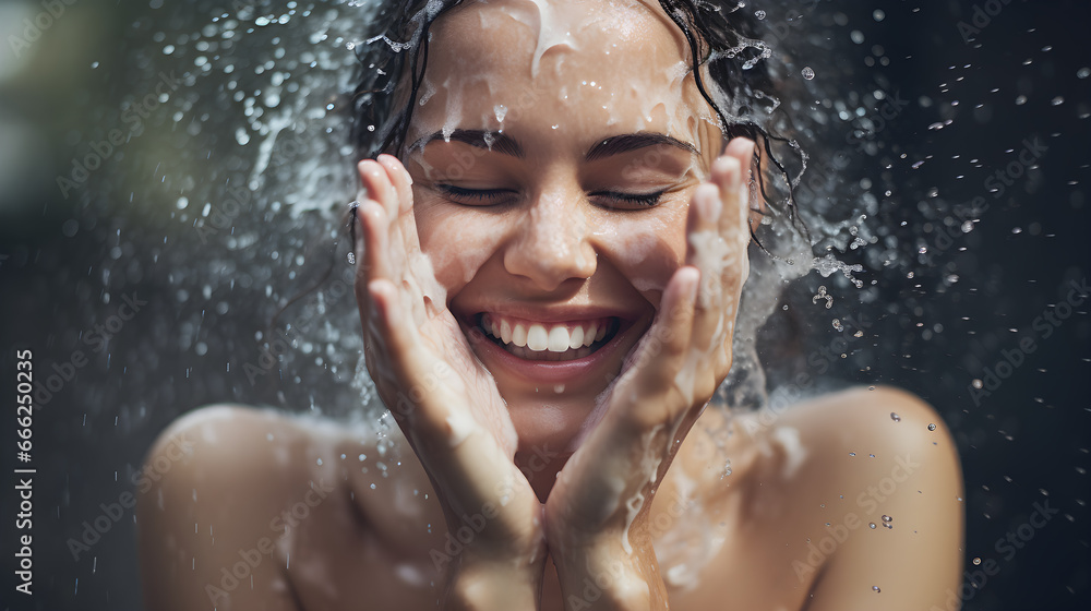 Woman washing her clean face with water. Closeup face of an Young girl