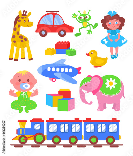 Cartoon kids toys. Baby colorful elements for playing. Cute dolls. Cars and train locomotive. Plush animals. Babies constructor blocks. Childish activities objects. Splendid vector set