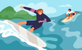 Cartoon surfers on water. Sea beach active relax. Happy guys cut through waves. Summer surfing. Extreme sport. Professional athletes swimming. People on surfboards. Garish vector concept