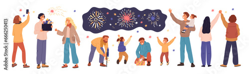 Cartoon people launching fireworks. Parents and children watching festive firecracker lights in sky. Couple celebrate holiday. Independence Day. Pyrotechnic explosions. Garish vector set