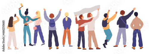 Cheering people. Guys and girls support speakers or athletes. Favorite teams view from back. Fans expression. Victory celebration. Grateful viewers stand with flags. Garish vector set