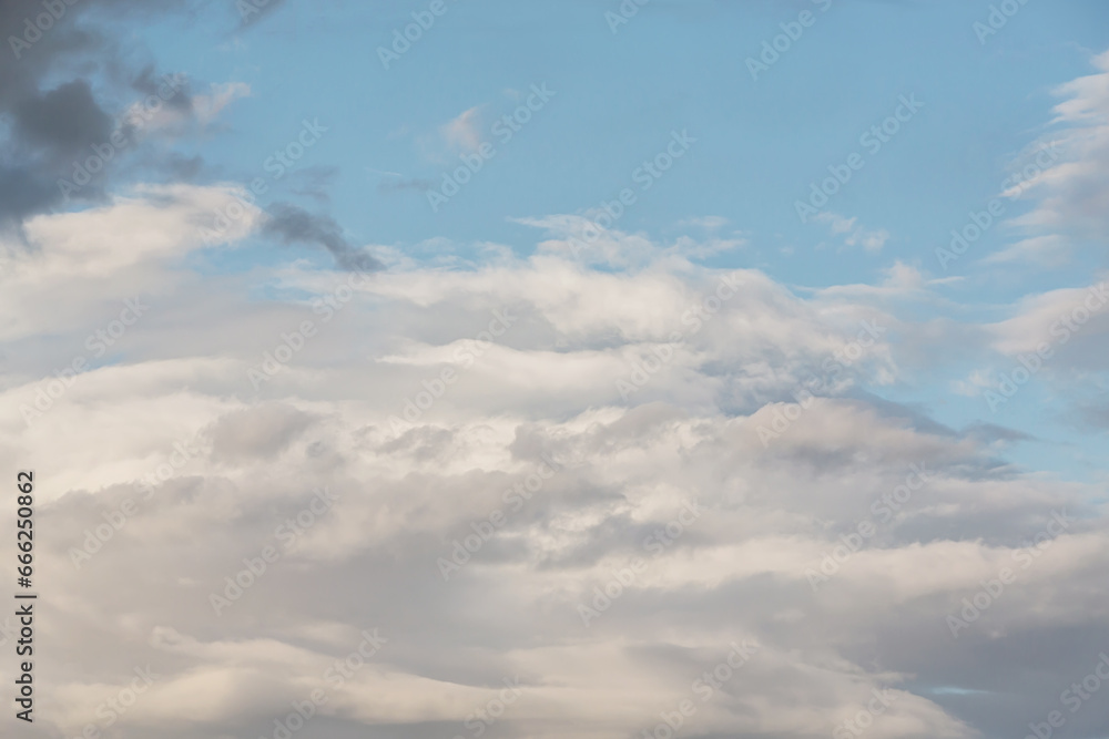 Thick cumulus clouds on the sky, banner, atmosphere background