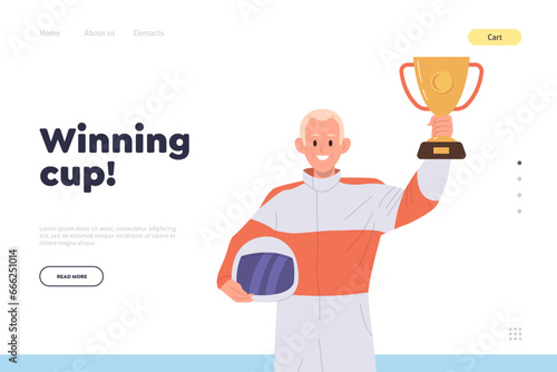 Landing page online shop store service offers golden winning cup for reward ceremony of speed racer