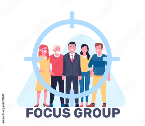 Marketing social focus group. People standing in crosshairs. Community business research. Customer audience. Sociology and demographic analysis. Promotion management. Vector concept