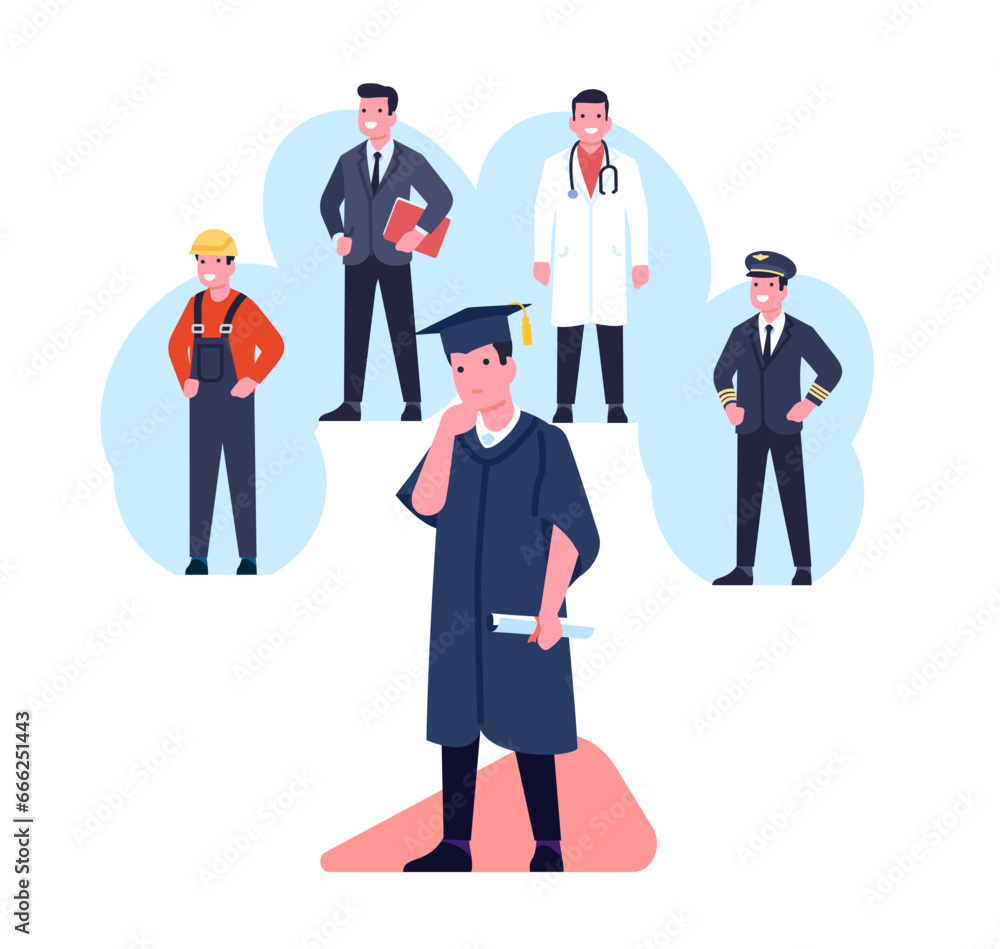Student in academic cap and gown chooses profession. School graduation. Graduate makes decision between doctor or businessman careers. Policeman or builder occupation. Vector concept Student in academic cap and gown chooses profession. School graduation. Graduate makes decision between doctor or businessman careers. Policeman or builder occupation. Vector concept