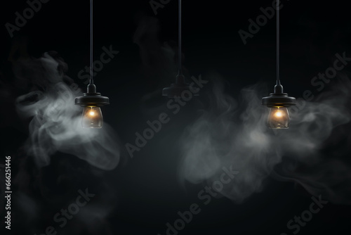 Two black hanging lamps with smoke on dark background. 3D rendering photo