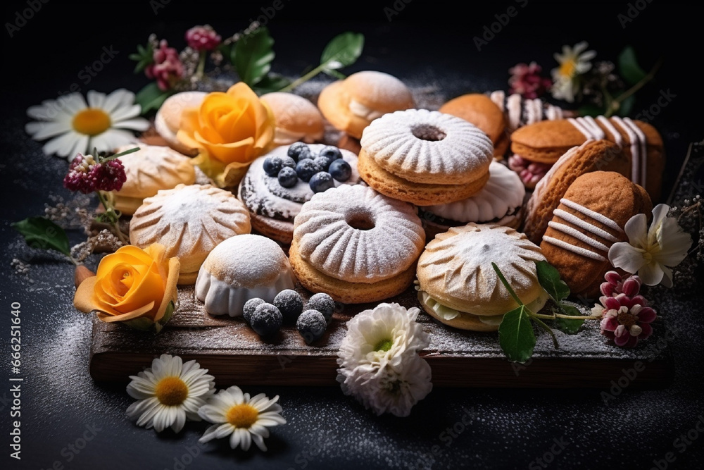 Composition with assorted pastries on wooden table. Food background. Composition with assorted pastries on wooden table. Food background.