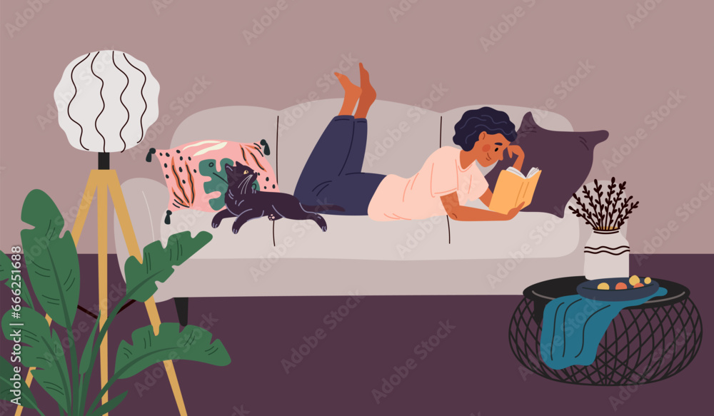 Woman reading book in living room. Reader in cozy home interior. Girl lying on sofa with literature volume. Recreation or education. Female enjoying of novel. Garish vector concept
